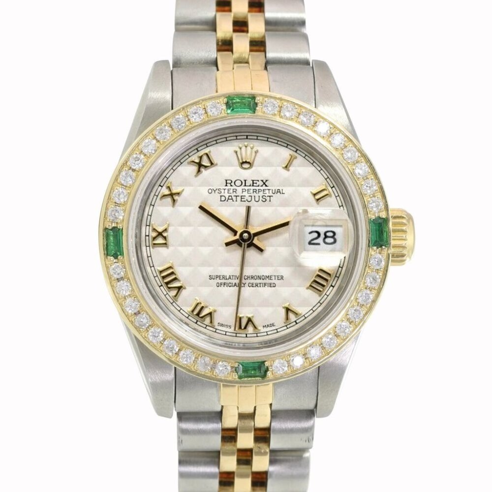 ROLEX DATEJUST CREAM PYRAMID DIAL DIAMOND-EMERALD JUBILEE TWO-TONE WATCH 69173